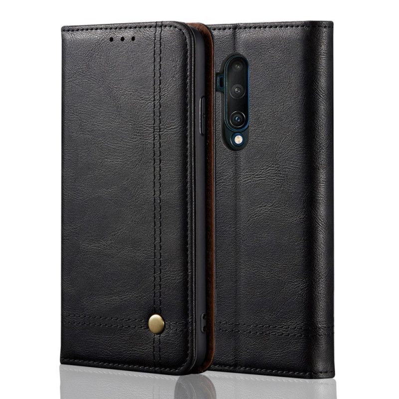 Flip Case OnePlus 7T Pro Schwarz Genähter Ledereffekt