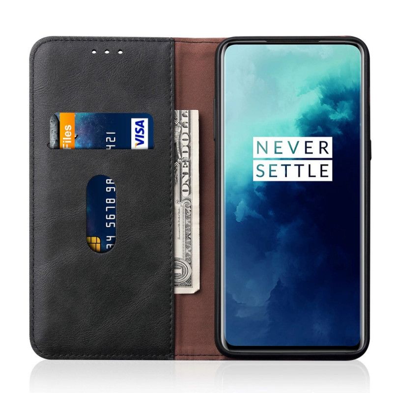 Flip Case OnePlus 7T Pro Schwarz Genähter Ledereffekt