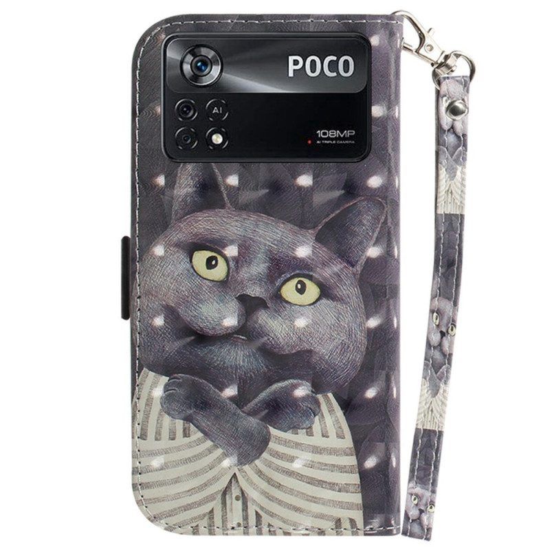 Flip Case Für Poco X4 Pro 5G Mit Kordel Graue Katze Mit Riemen