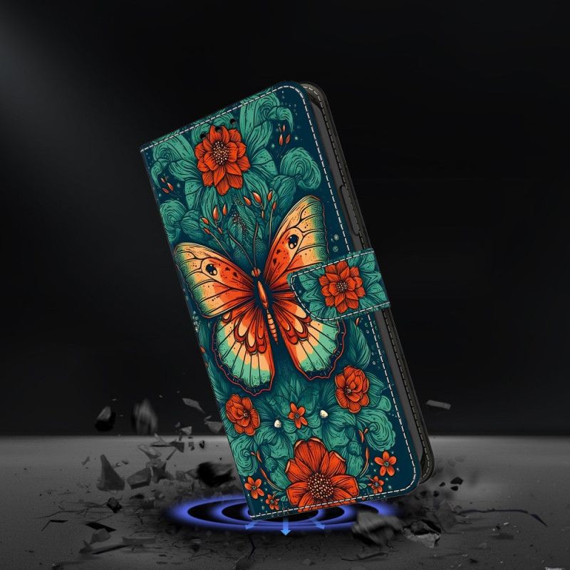 Lederhüllen Für Google Pixel 9 Schmetterling Auf Blumigem Hintergrund