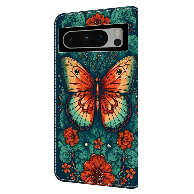 Lederhüllen Für Google Pixel 9 Schmetterling Auf Blumigem Hintergrund