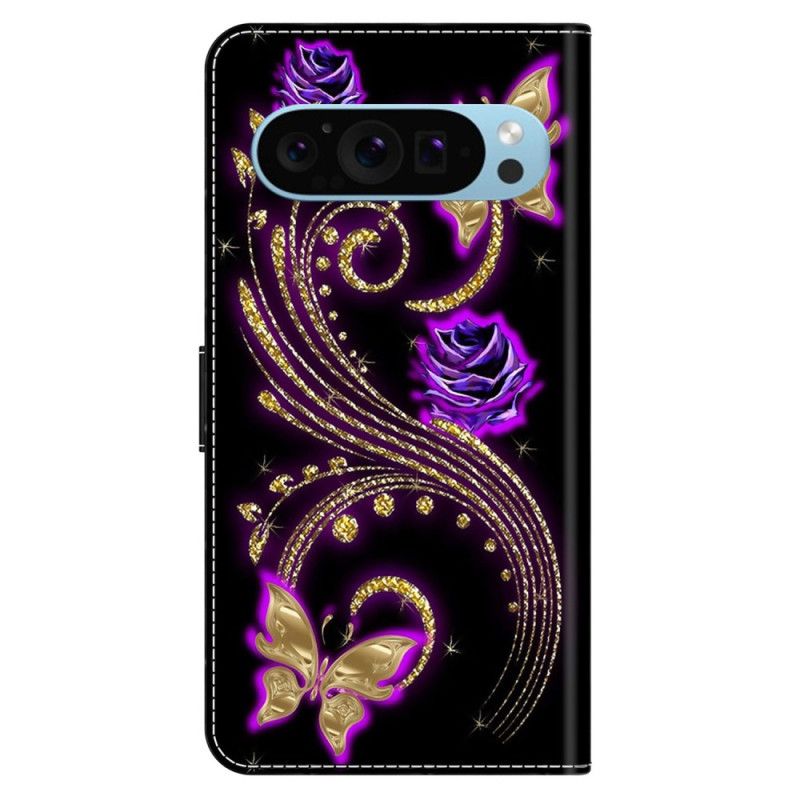 Lederhüllen Google Pixel 9 Violette Blumen Und Schmetterlinge