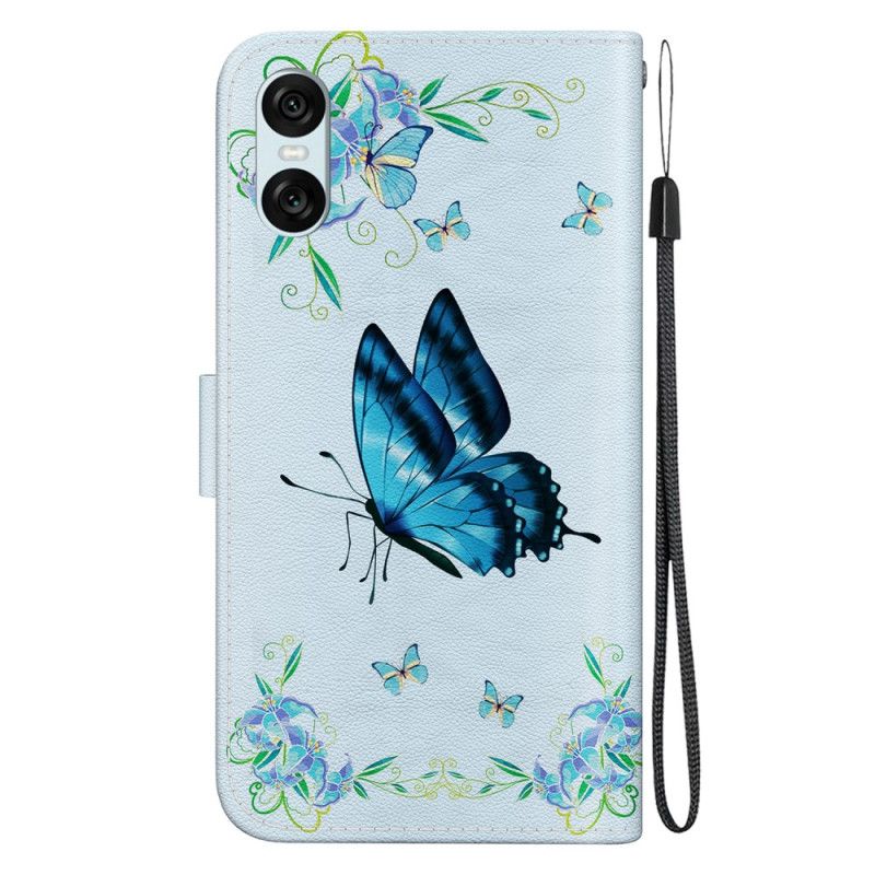 Lederhüllen Für Sony Xperia 10 Vi Blauer Schmetterling Und Blumen Mit Riemen