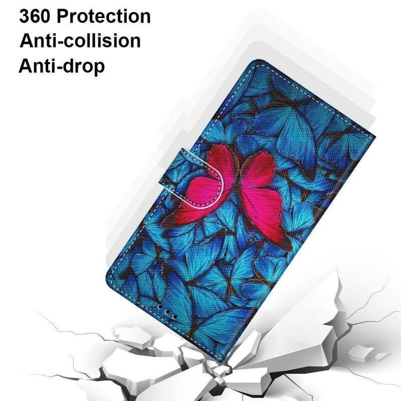 Lederhüllen Für Samsung Galaxy M23 5G Roter Schmetterling. Blauer Hintergrund