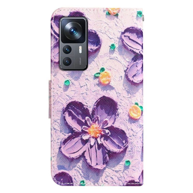 Flip Case Für Xiaomi 12T / 12T Pro Mit Kordel Riemchenblumen