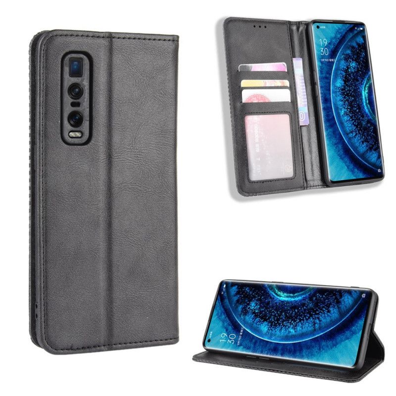 Flip Case Für Oppo Find X2 Pro Schwarz Stilisierter Vintage-Ledereffekt