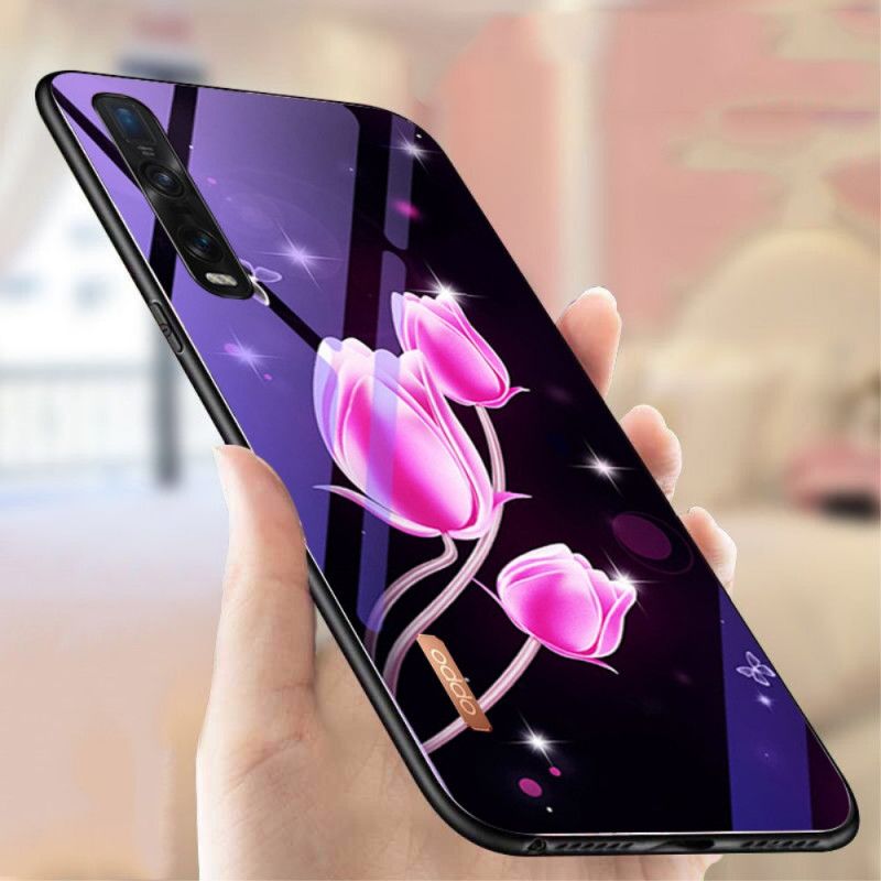 Hülle Oppo Find X2 Pro Magenta Gehärtetes Glas Und Blumensilikon