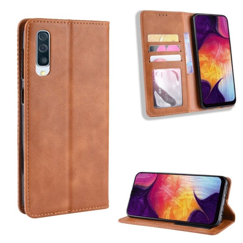 Flip Case Samsung Galaxy A50 Schwarz Stilisierter Vintage-Ledereffekt