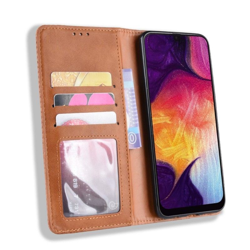 Flip Case Samsung Galaxy A50 Schwarz Stilisierter Vintage-Ledereffekt