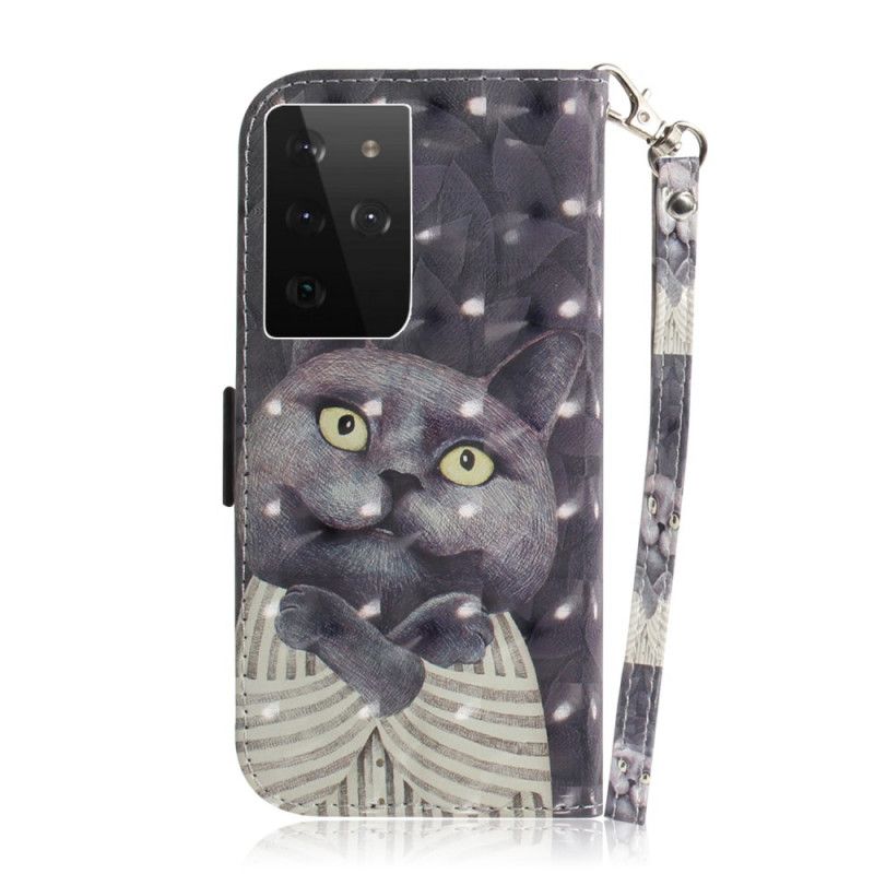 Lederhüllen Samsung Galaxy S21 Ultra 5G Handyhülle Graue Katze Mit Tanga