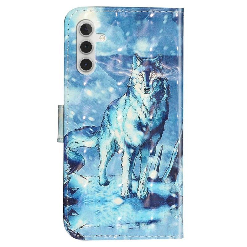 Flip Case Für Samsung Galaxy A14 / A14 5G Wolf Mit Schlüsselband