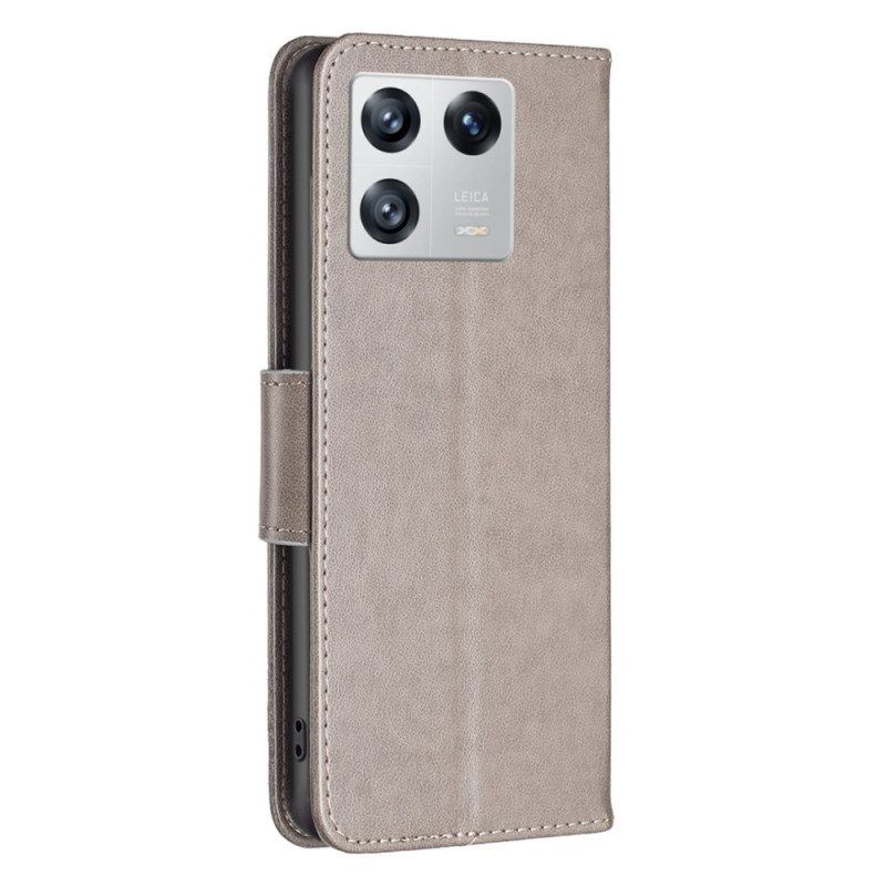 Flip Case Für Xiaomi 13 Mit Kordel Riemchen Mit Schmetterlingen-print