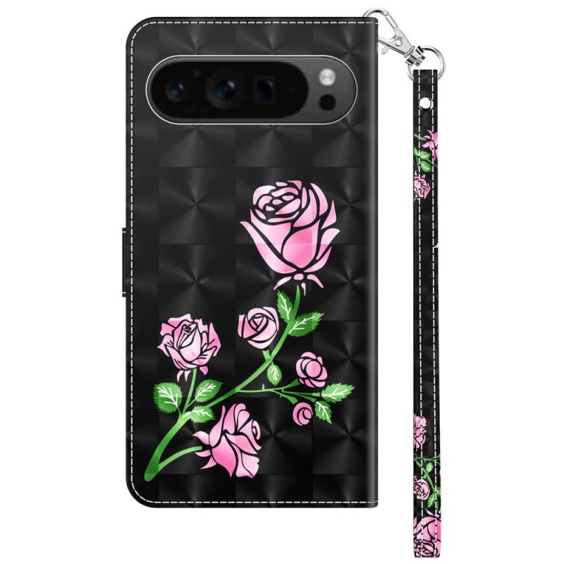 Lederhüllen Für Google Pixel 9 Pro Xl Rosa Blumen Mit Riemen