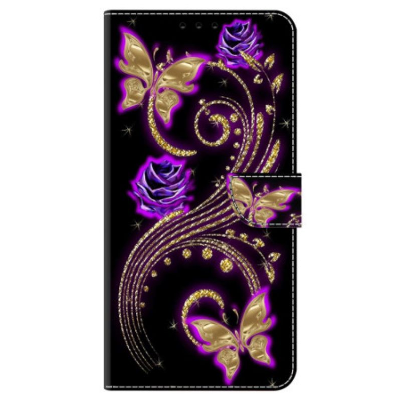 Lederhüllen Für Google Pixel 9 Pro Xl Violette Blumen Und Schmetterlinge