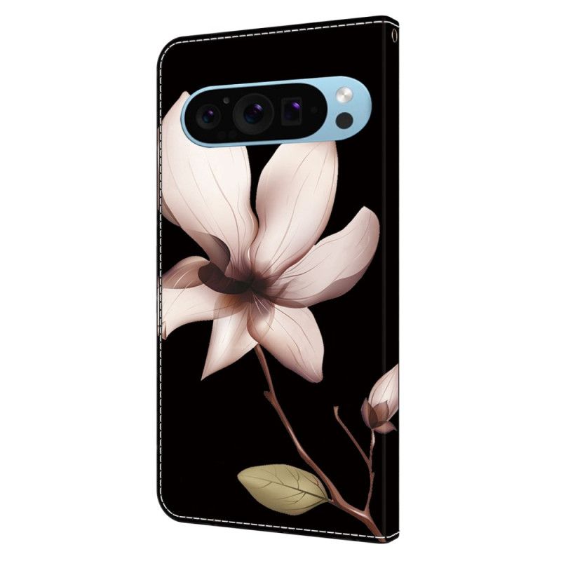 Lederhüllen Google Pixel 9 Pro Xl Handyhülle Rosa Blume Auf Schwarzem Hintergrund