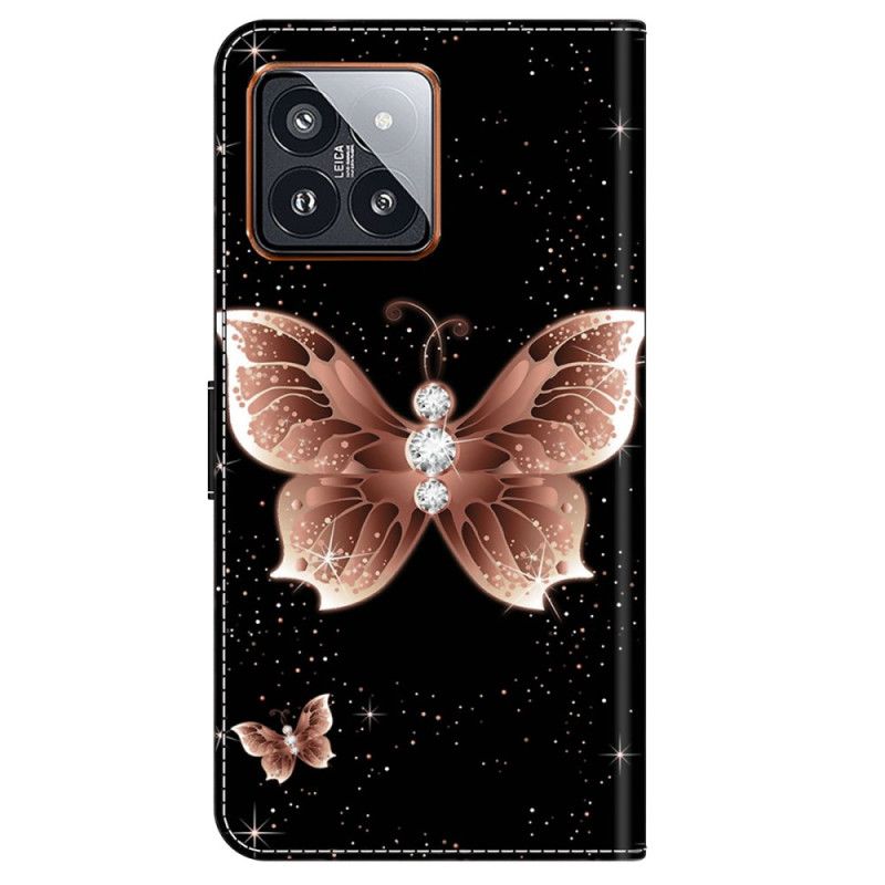 Lederhüllen Xiaomi 14 Pro Handyhülle Rosa Diamant-schmetterling