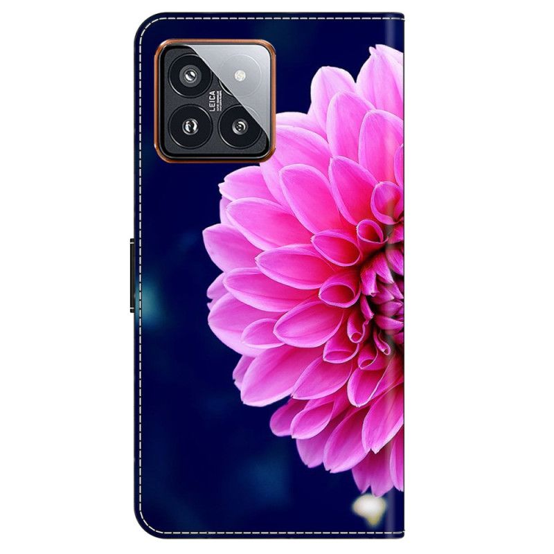 Lederhüllen Xiaomi 14 Pro Rosa Blume Auf Blauem Hintergrund