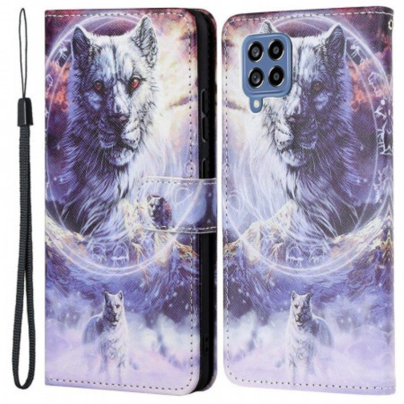 Flip Case Für Samsung Galaxy M53 5G Mit Kordel Schlüsselband Wolf