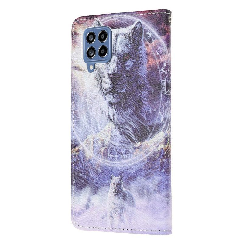 Flip Case Für Samsung Galaxy M53 5G Mit Kordel Schlüsselband Wolf