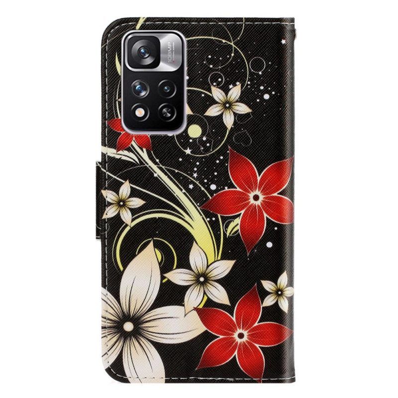 Flip Case Für Xiaomi Redmi Note 11 Pro Plus 5G Mit Kordel Bunte Riemchenblumen