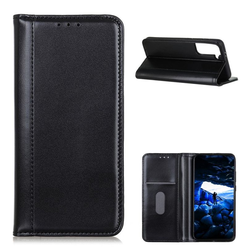 Flip Case Samsung Galaxy S21 5G Schwarz Glänzendes Spaltleder