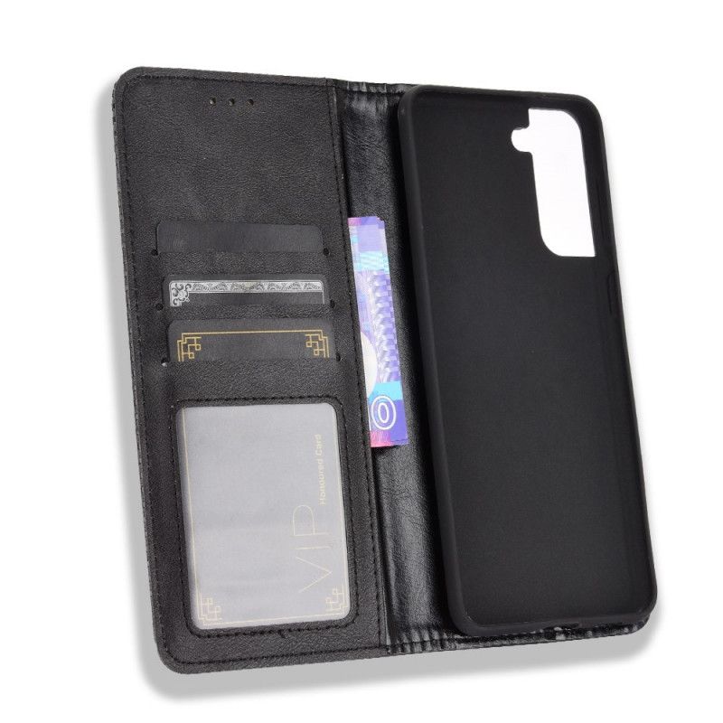 Flip Case Samsung Galaxy S21 5G Schwarz Stilisierter Vintage-Ledereffekt