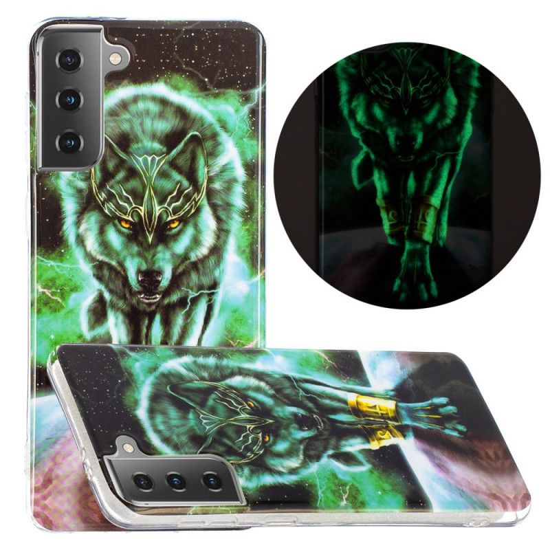 Hülle Samsung Galaxy S21 5G Schwarz Fluoreszierende Wolfsreihe