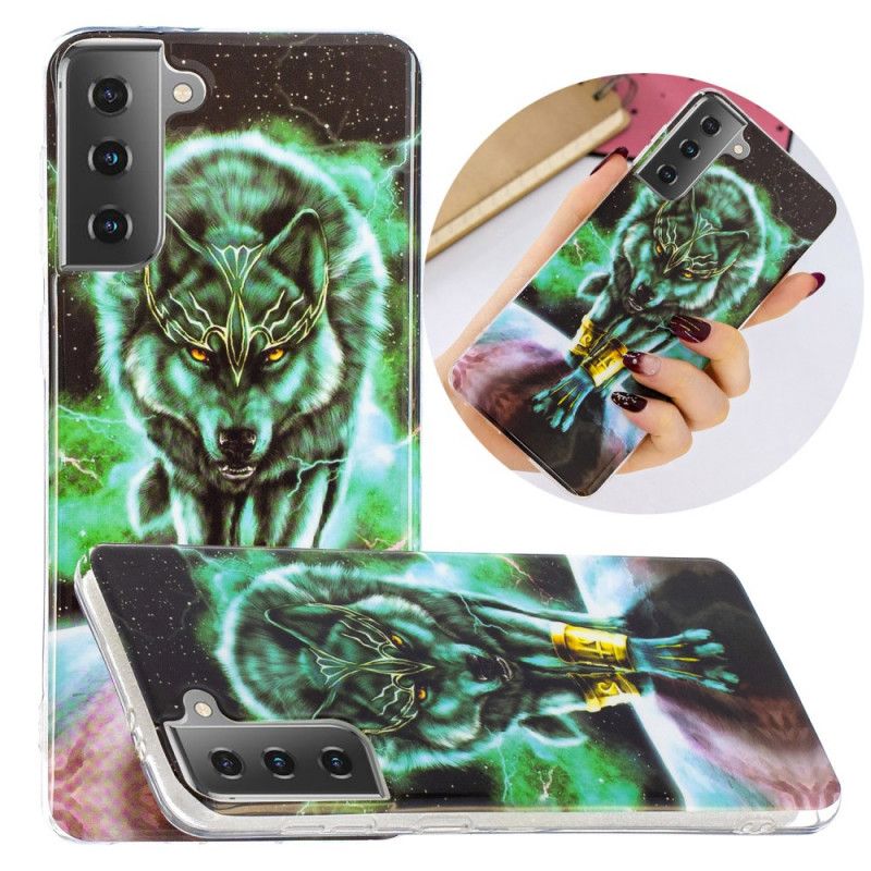 Hülle Samsung Galaxy S21 5G Schwarz Fluoreszierende Wolfsreihe