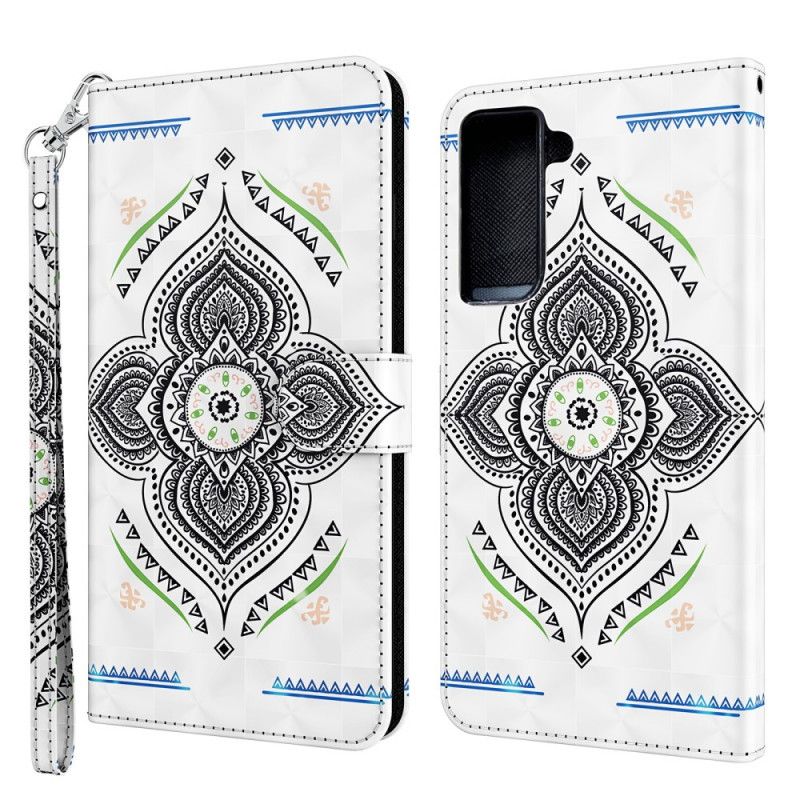 Lederhüllen Für Samsung Galaxy S21 5G Weiß Lichtpunkte Mandala Mit Riemen