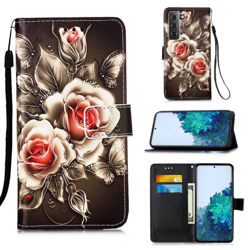 Lederhüllen Samsung Galaxy S21 5G Handyhülle Goldene Rosen