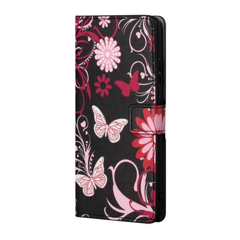 Lederhüllen Samsung Galaxy S21 5G Schwarz Schmetterlinge Und Blumen