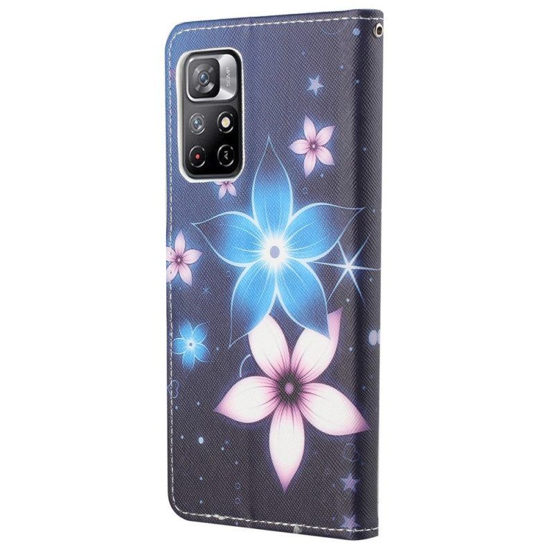 Flip Case Für Poco M4 Pro 5G Mit Kordel Mondriemenblumen