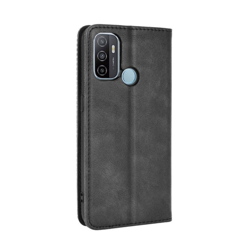 Flip Case Für Oppo A53s Schwarz Stilisierter Vintage-Ledereffekt