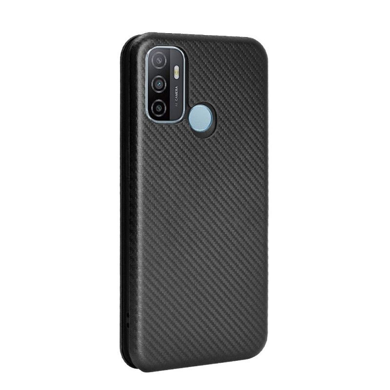 Flip Case Oppo A53s Schwarz Gefärbtes Kohlefasersilikon