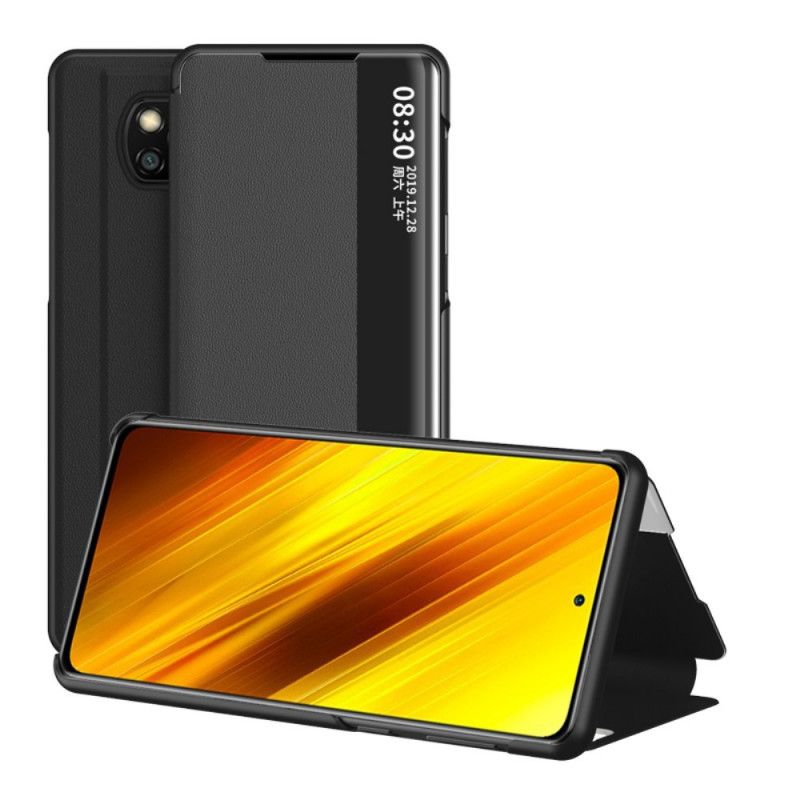 Ansichtsabdeckung Xiaomi Poco X3 Schwarz Strukturiertes Kunstleder