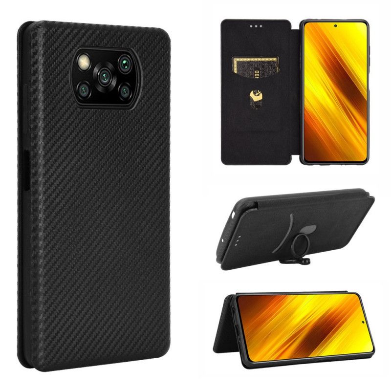 Flip Case Xiaomi Poco X3 Schwarz Handyhülle Kohlefaser Mit Stützring