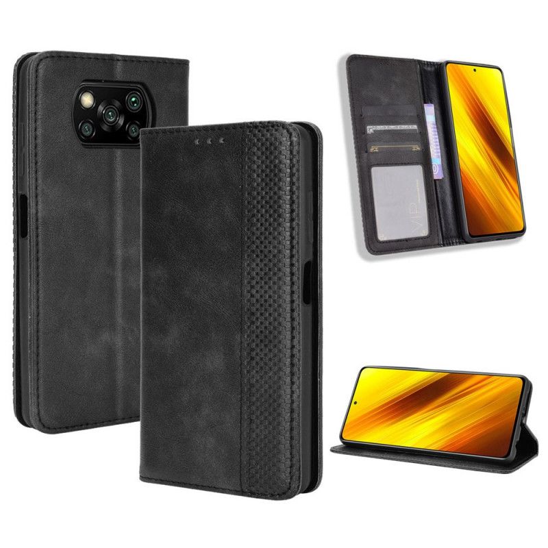 Flip Case Xiaomi Poco X3 Schwarz Stilisierter Vintage-Ledereffekt