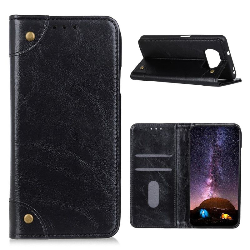 Flip Case Xiaomi Poco X3 Schwarz Vintage Nieten Aus Gespaltenem Leder