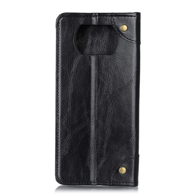 Flip Case Xiaomi Poco X3 Schwarz Vintage Nieten Aus Gespaltenem Leder