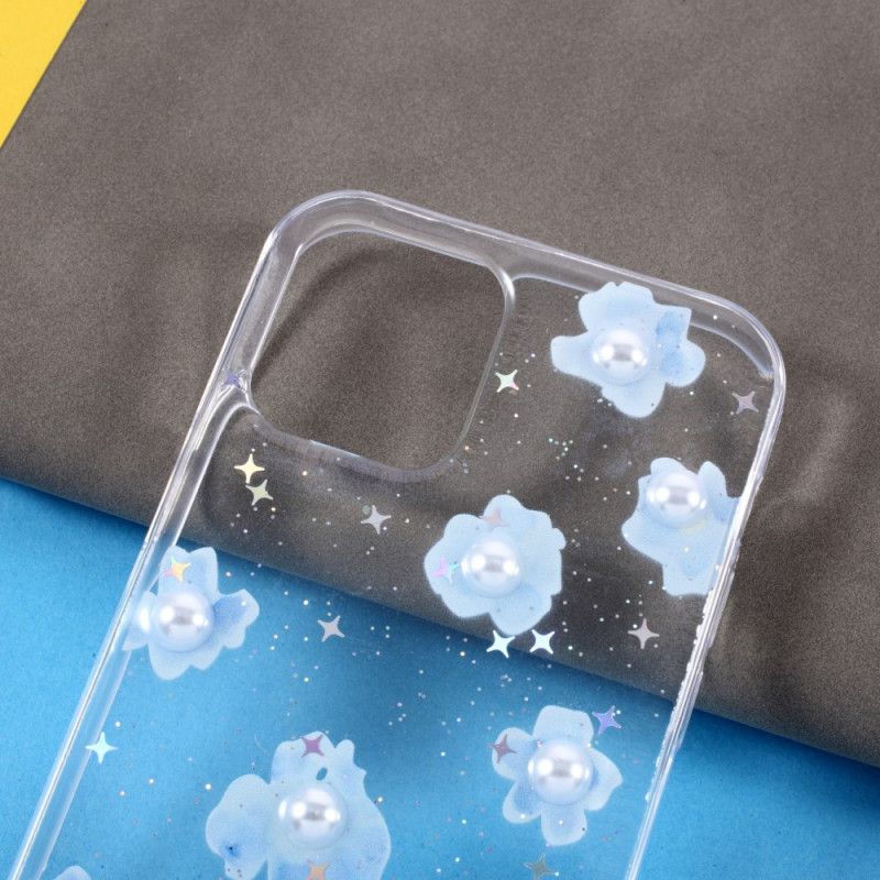 Hülle Für iPhone 12 / 12 Pro Hellblau Blumen Und Perlen