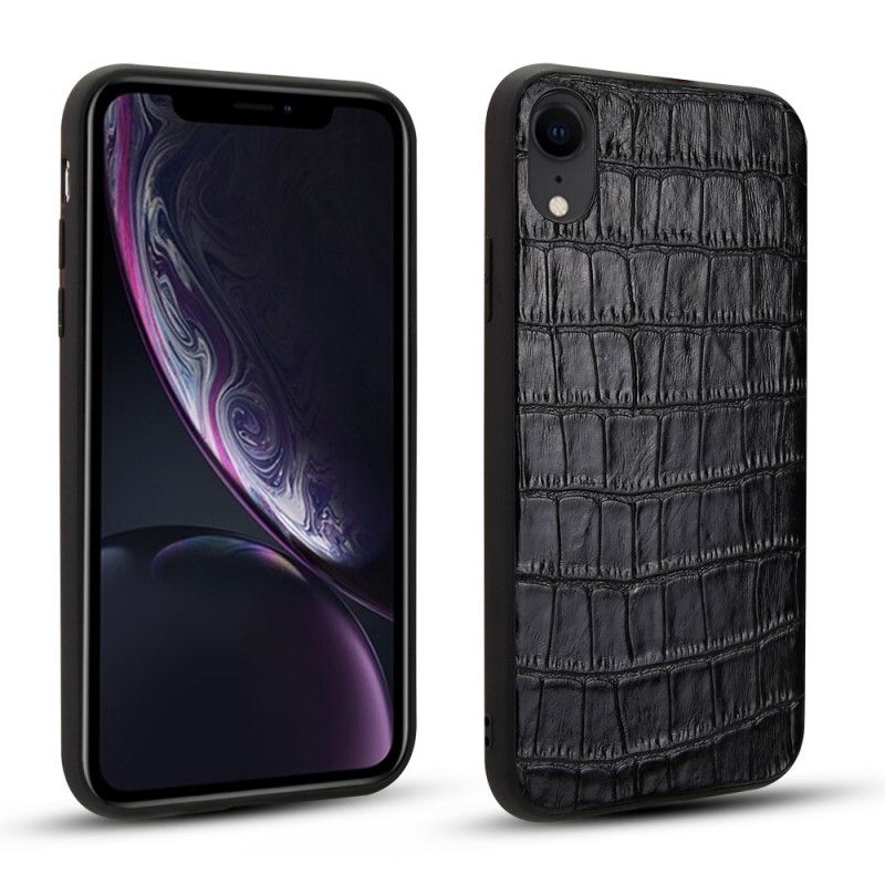 Hülle Für iPhone XR Schwarz Echtes Leder Mit Krokodilstruktur