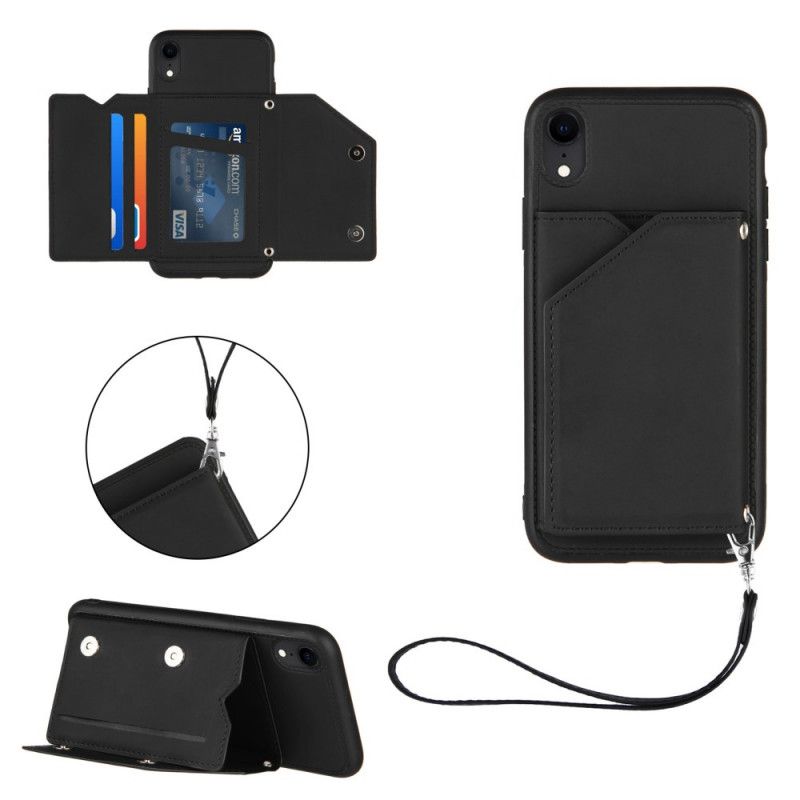 Hülle iPhone XR Schwarz Multi-Card-Freisprechunterstützung Und Lanyard