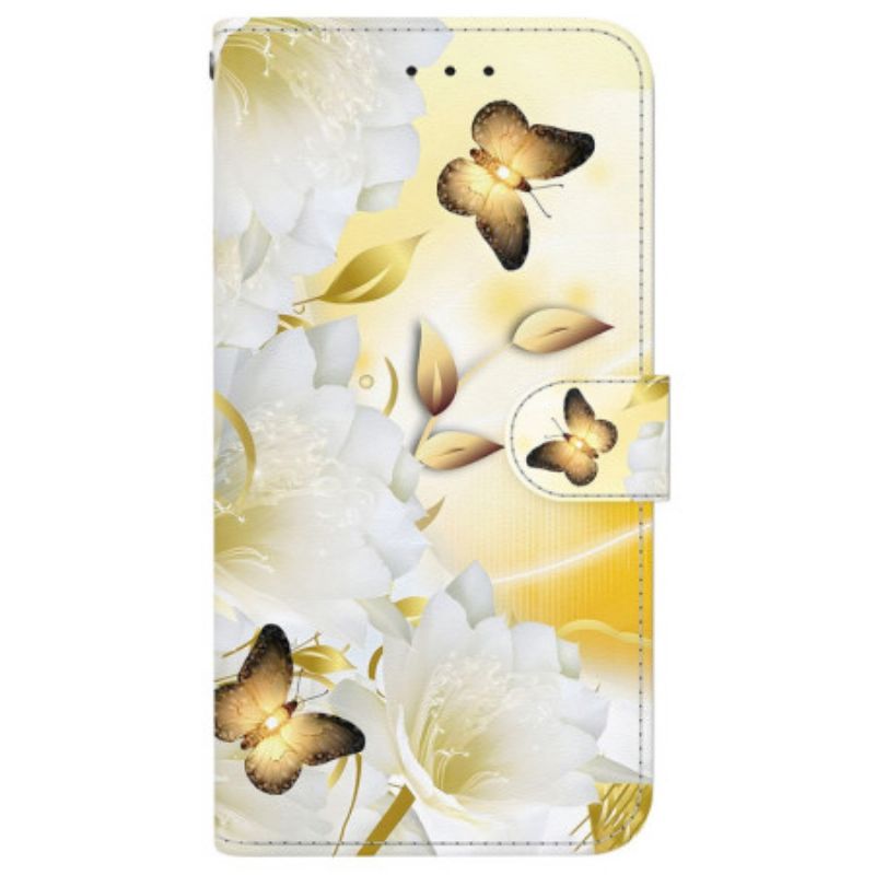 Lederhüllen iPhone 16 Pro Max Goldene Schmetterlinge Und Blumen Mit Riemen