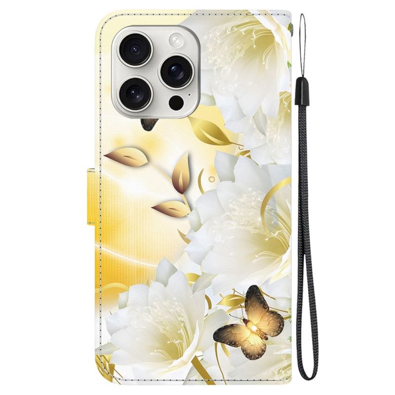 Lederhüllen iPhone 16 Pro Max Goldene Schmetterlinge Und Blumen Mit Riemen