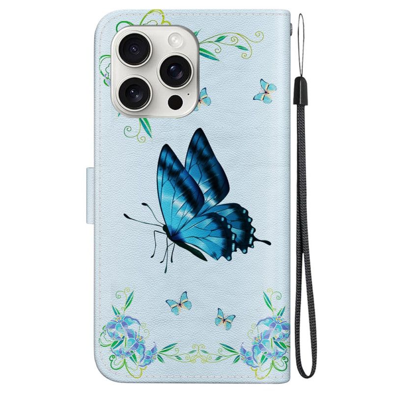 Lederhüllen iPhone 16 Pro Max Handyhülle Blauer Schmetterling Und Blumen Mit Riemen