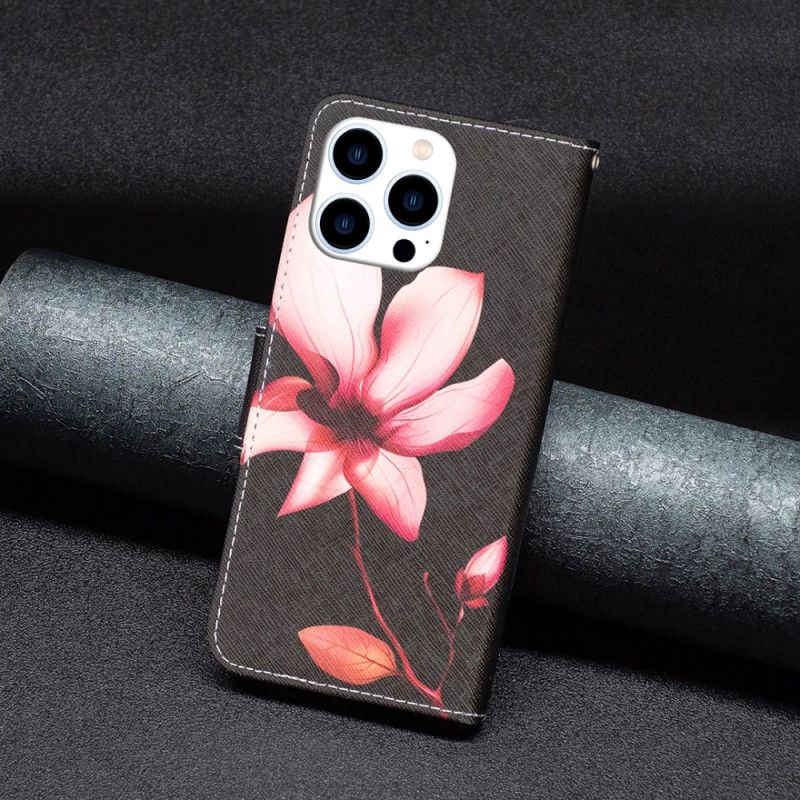 Lederhüllen iPhone 16 Pro Max Handyhülle Rosa Blume Mit Schwarzem Hintergrund