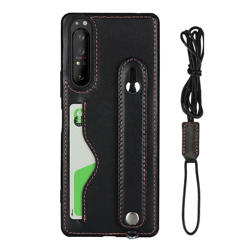 Hülle Sony Xperia 1 II Schwarz Handyhülle Echtlederarmband Und Kartenhalter