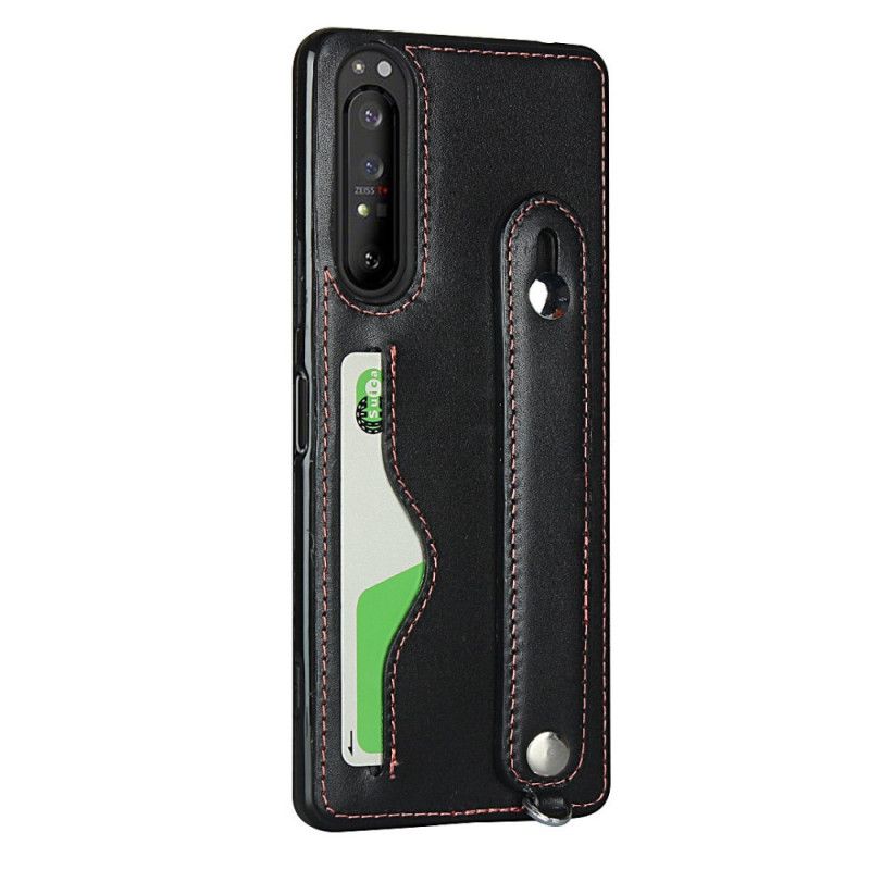 Hülle Sony Xperia 1 II Schwarz Handyhülle Echtlederarmband Und Kartenhalter