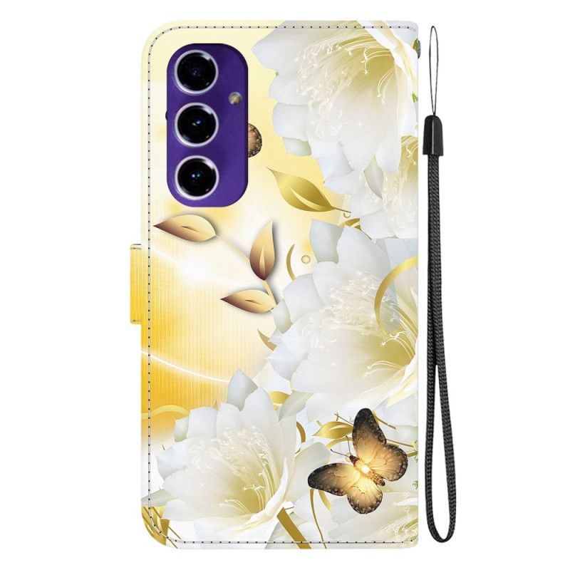 Lederhüllen Für Samsung Galaxy A16 5g Goldener Schmetterling Und Weiße Blumen