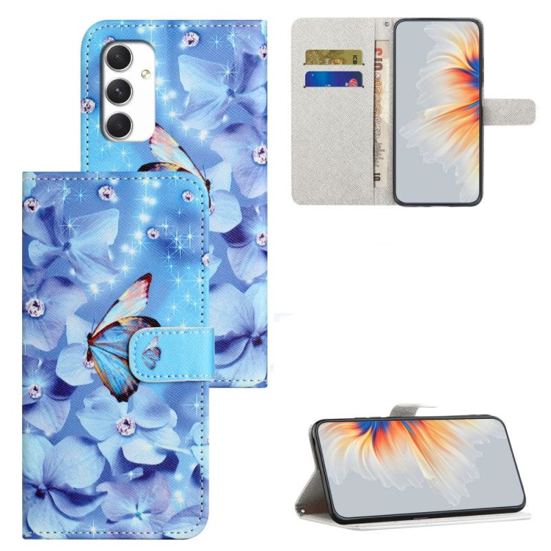 Lederhüllen Samsung Galaxy A16 5g Blaue Blumen Und Schmetterlinge